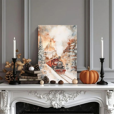 1 piece framed wall art canvas painting of a steam train in the snow, fairy tale castle, watercolor dreamy style. Decorative retro wall poster for home decor, modern artwork perfect gift for bedroom or living room..