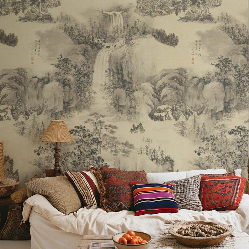 Beige Chinese Landscape Oriental Wallpaper