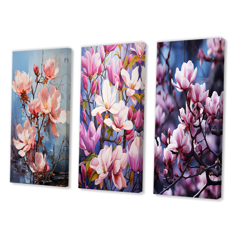 Magnolias, ensemble de 3 pièces d'art acrylique multicolore, Toile tendue, H 32 po x l 48 po