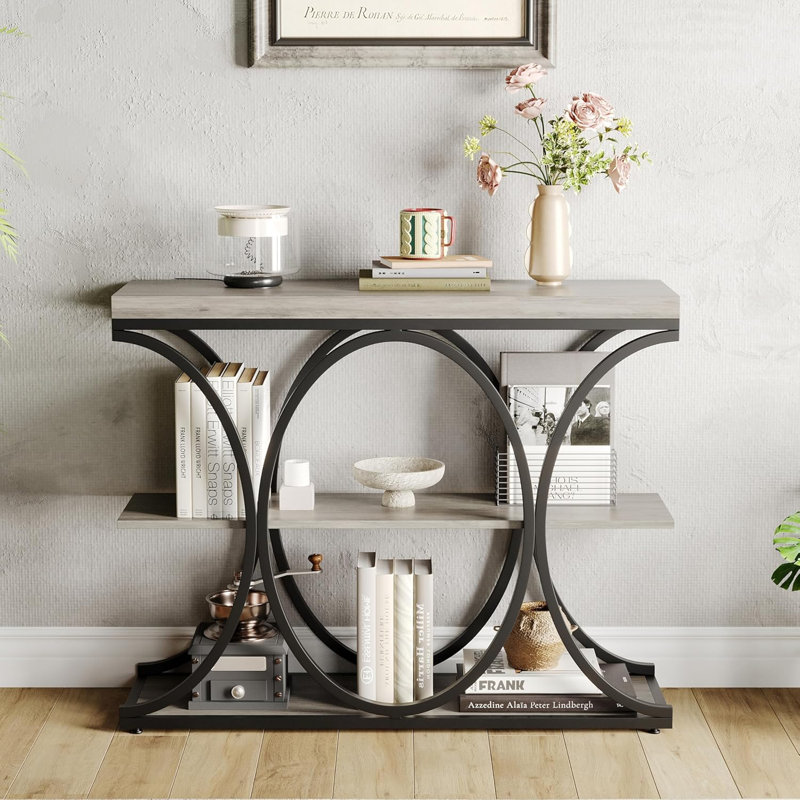 39" Farmhouse Console Table, 4-Tier Storage, Semi-Circle Metal Frame, Gray