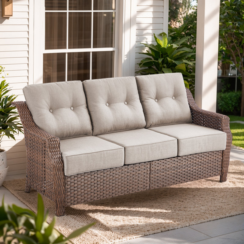Acton 75" Outdoor Wicker Rattan Patio Sofa With 6" Thick Cushions, Beige