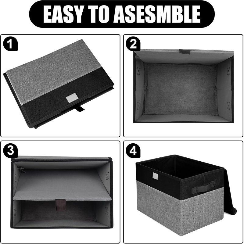 Ensemble de 4 bacs de rangement pliables en lin de 22 pte avec couvercles et poignées noir et gris