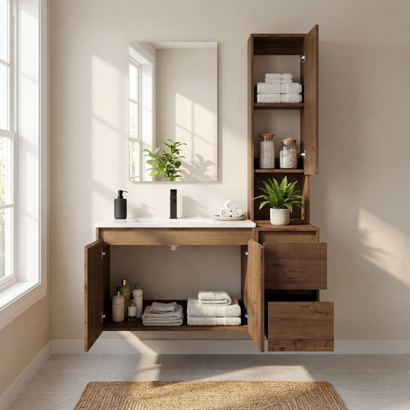Meuble-lavabo flottant simple 42 po avec armoire supérieure, lavabo en céramique et conception sans poignée, Bois naturel