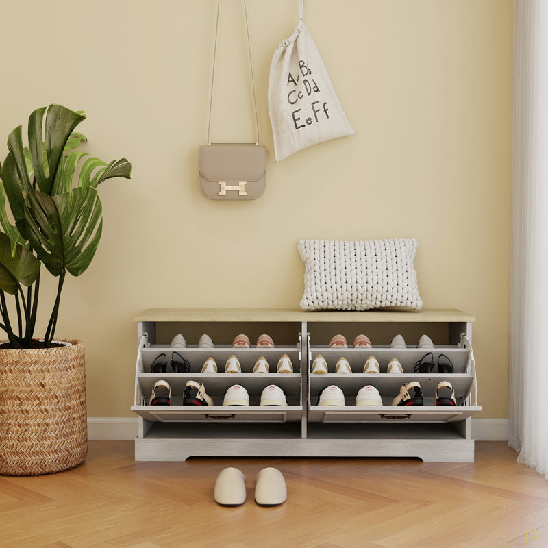 Banc de rangement pour chaussures avec 2 tiroirs rabattables et tablette réglable pour le vestibule, le couloir et la chambre à coucher