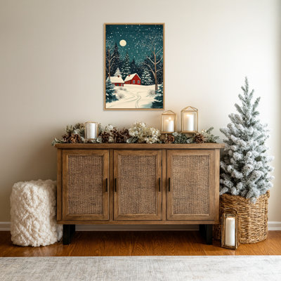 Reproduction d'art sur toile encadrée, "maisons rouges et ciel nocturne enneigé" par Pictufy Studio