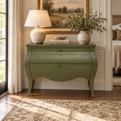Commode décorative Deemston Bombe - Vert pistache, placage d'hickory, commode décorative 2 tiroirs avec façade incurvée