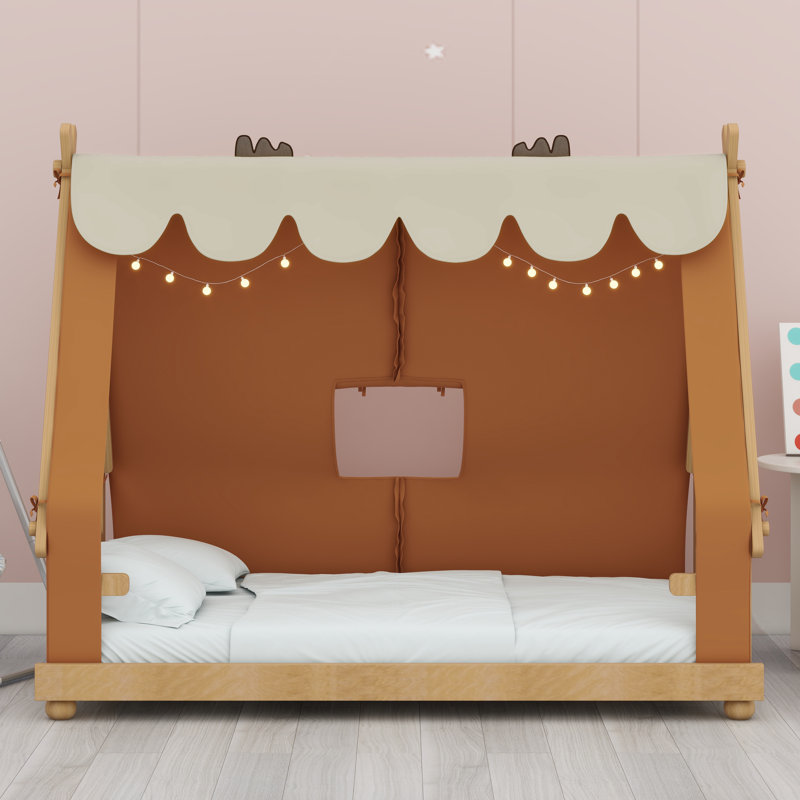 Lit maison avec tente et lumière, Lit simple, Brun