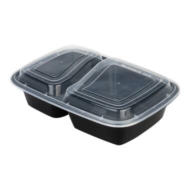 Asporto 26 oz Black Plastic 3 Compartment Food Container - with Clear Lid, Microwavable - 8 3/4 inch x 6 inch x 1 3/4 inch - 100 Count Box