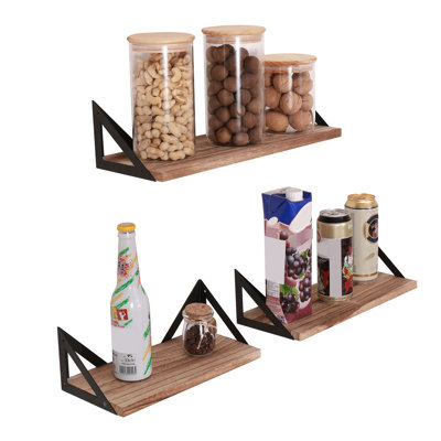 Natural Wood Floating Shelves - Of 3 With Brackets For Wall Mount In Bedroom, Living Room, Kitchen, Bathroom Mounted 3 Bath