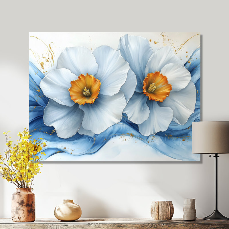 Jaune sur velours bleu, jonquilles bleues - jonquilles en métal, impression traditionnelle sur métal, H 30 po x l 40 po
