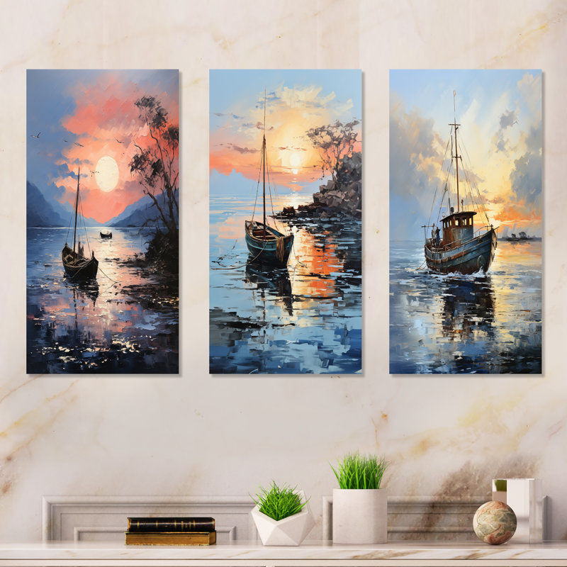 «Lake Fishers Boat Twilight I», ensemble d'art mural en métal 3 pièces, H 32 po x l 48 po