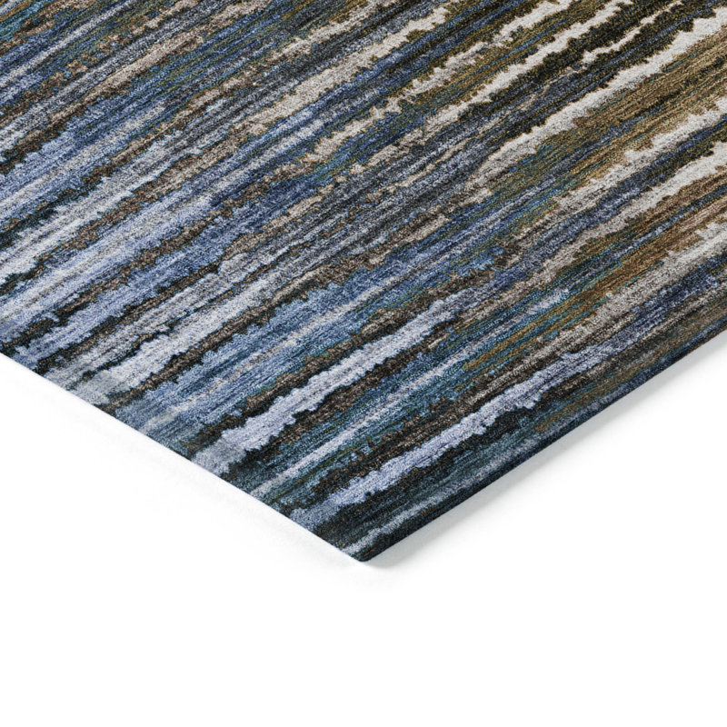 Tapis extérieur lavable rayé bleu brun et bleu ciel 5 pi x 8 pi