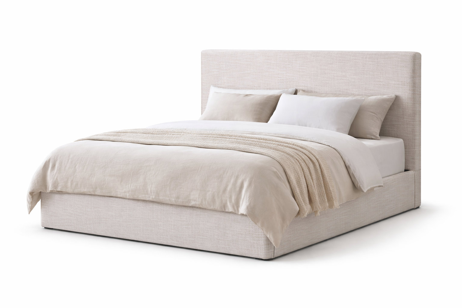 Nordic Upholstered Bed, White Linen, Queen