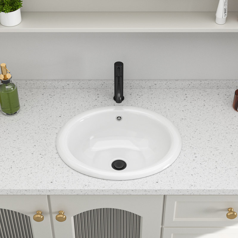 17"L x 15.5" W Drop-In Bathroom Sink White Ceramic Porcelain Oval Bathroom Sink Semi Recessed Sink