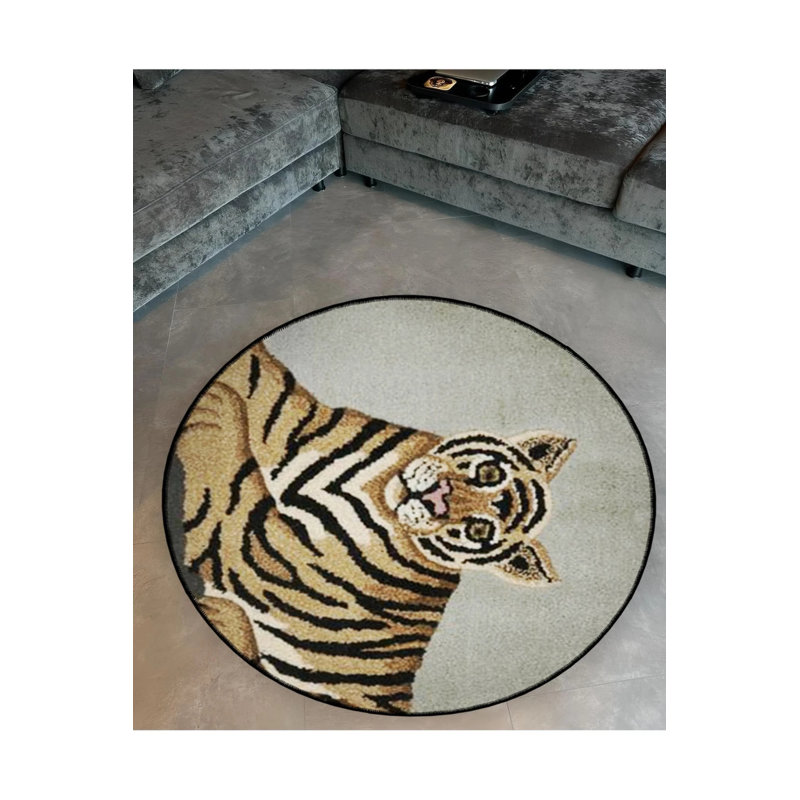 Woven Base Modern Decorative Carpet With Tiger Detail, Round 2'8"