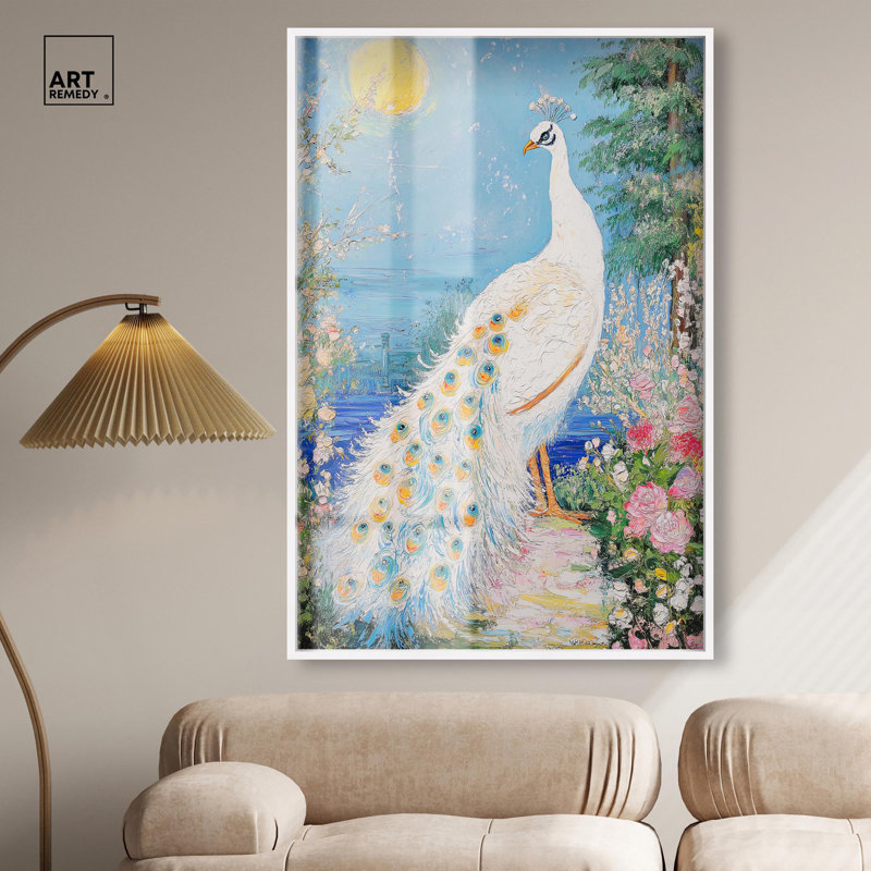 Peacock in Paradise Shadowbox Print Natures Art Prints by Art Remedy, 55" H x 37" W, White