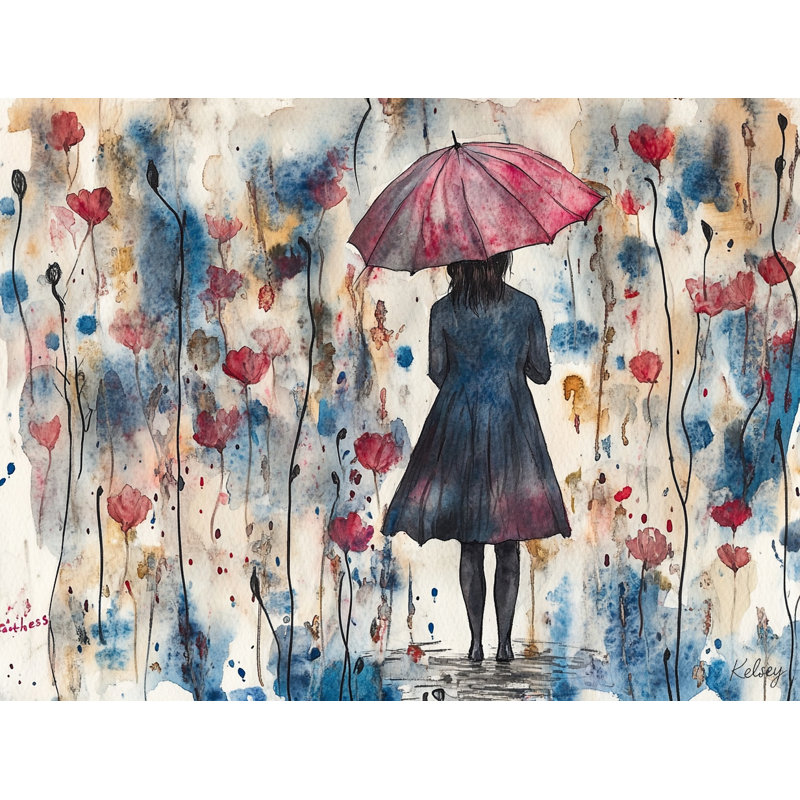 «Scarlet Umbrella Amid Blossoms», reproduction sur toile