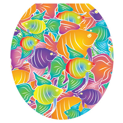 Beach Fish Frenzy Toilet Seat Decal –Toilet Tattoos Coastal Static Cling Vinyl Lid Cover Fits Round & Elongated Seats