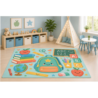 "Ultra Lightweight" 5'x7' School Learning Area Rug for Kids Playroom Nursery Bedroom, Backpack Books ABC Blocks Globe Chalkboard Classroom Educational Cartoon Decor, Non-Slip Silicone Backing Low Pile