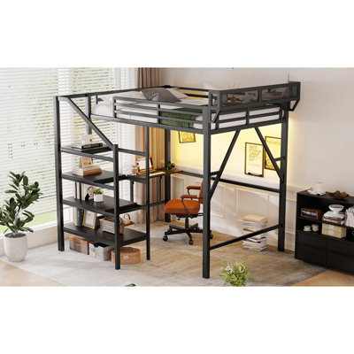 Lit mezzanine double avec bureau pliable et station de charge, lit mezzanine double en métal avec bande lumineuse et rangement pour escalier pour enfants, adolescents, produits brevetés, noir (date d’arrivée prévue: 2026/4/10)