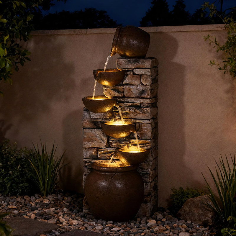  45" Cascading Water Fountain - 5-tier Outdoor Stacked Stones & Clay Pot Fountain With Led Light & Pump,for Garden,patio,porch,backyard,home Art Decor 