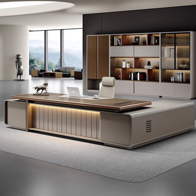 Gray and Gold L-shape Executive Desk,2-drawer With a Password Lock