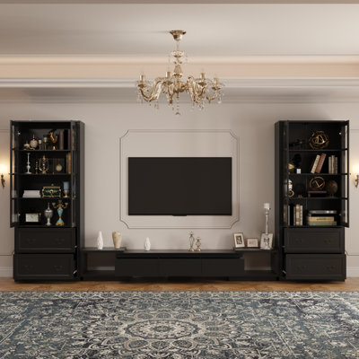 Engineered Wood Adjustable Entertainment Center With Extendable Tv Stand And Glass Door Bookcases (3-Piece Set)