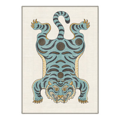 Tigris Animal Print Machine Washable Beige / Blue Indoor Area Rug with Non-Slip Backing