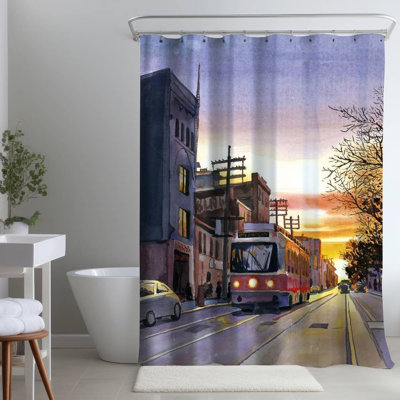 Sunset Streetscape to Toronto Blue Office – Polyester Shower Curtain, Dye Sublimation Print, 71" W × 74" L