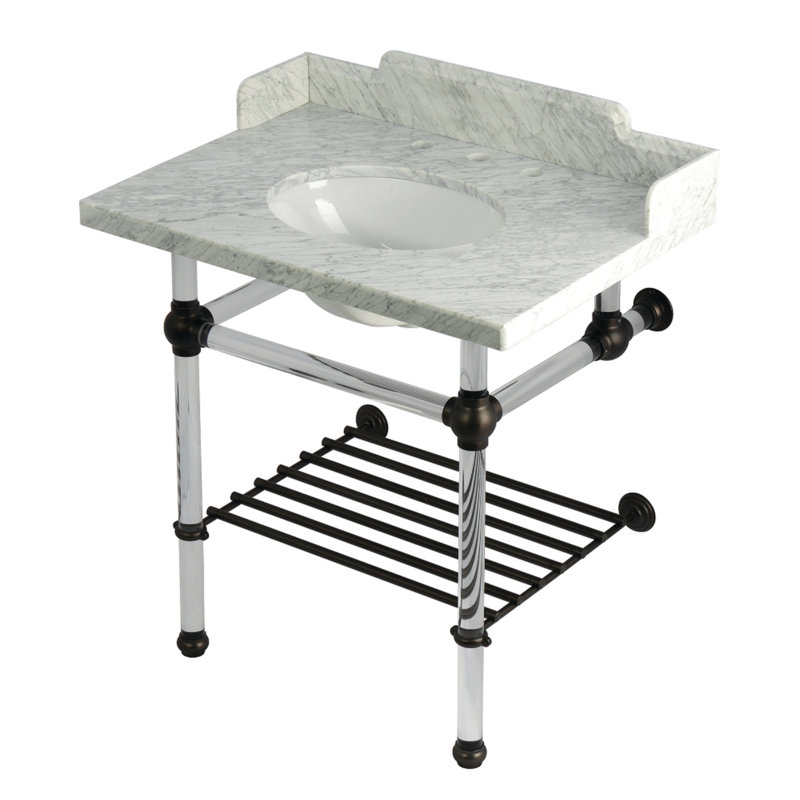 Kingston Brass LMS3030MAB0 Pemberton 30" Console Sink With Acrylic Legs (8-Inch, 3 Hole), Marble White/Matte Black