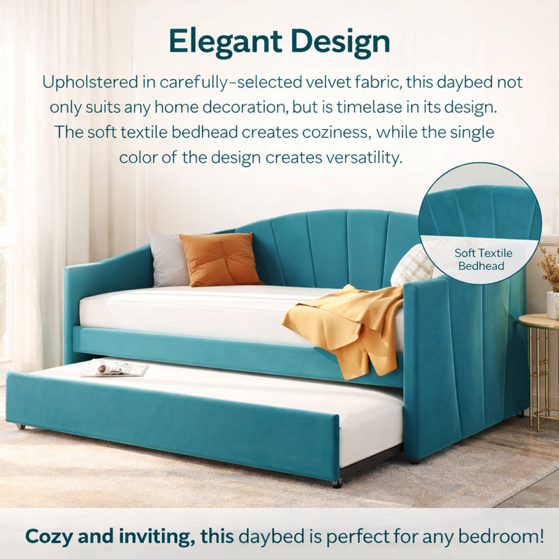 Velvet Elegance Twin Solid Wood Daybed with Space-Saving Trundle Bed, Sofa/ Guest Bed, Blue