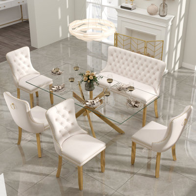 Luxury Dining Set with Hand-Tufted Velvet Bench & Chairs, 8mm Tempered Glass Table, Modern Furniture for Dining Area