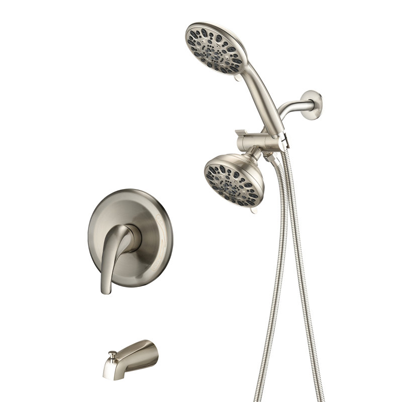 Système de douche mural avec bec de baignoire - valve haute 2 en 1. 7 modes de pulvérisation pour vous gâter. Robinet double en nickel brossé pour une douche de luxe. Finition