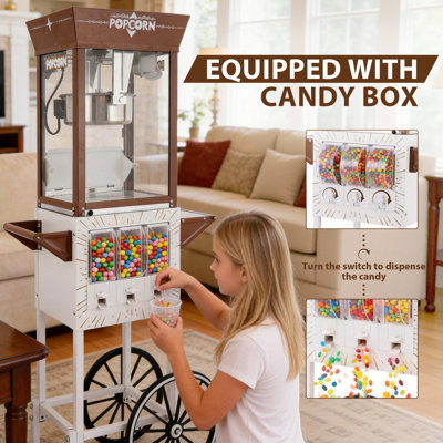 12oz Retro White Popcorn Machine with Rolling Cart, 3 Independent Control Switches & 3 Candy Boxes, Commercial Popcorn Maker for Theater Snack Bar.