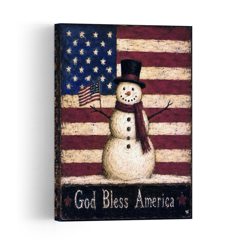God Bless America Snowman Vintage Winter Wall Art Print 1 Piece Wrapped Canvas Wall Art, 91.44cm H x 60.96cm W