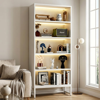 67.6" Tall Bookcase with LED Lights, Wood Bookshelf Display Cabinet with Adjustable Lighting for Living Room, Bedroom, Home Office, Study Room