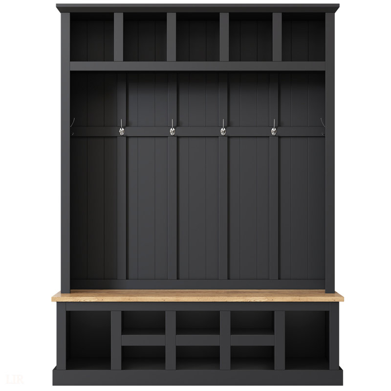 Farmhouse Wooden Style 78''H Modern Hall Tree With Wide Storage Seating Bench, Entryway Shoe Cabinet With 13 Compartments, Elegant Coat Rack With 6 Hooks For Mudroom, Living Room