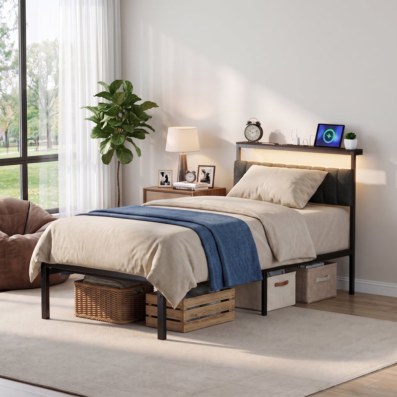 Tête de lit rembourrée pour lit simple avec cadre en acier, éclairage DEL et station de recharge intégrée, tête de lit avec rangement