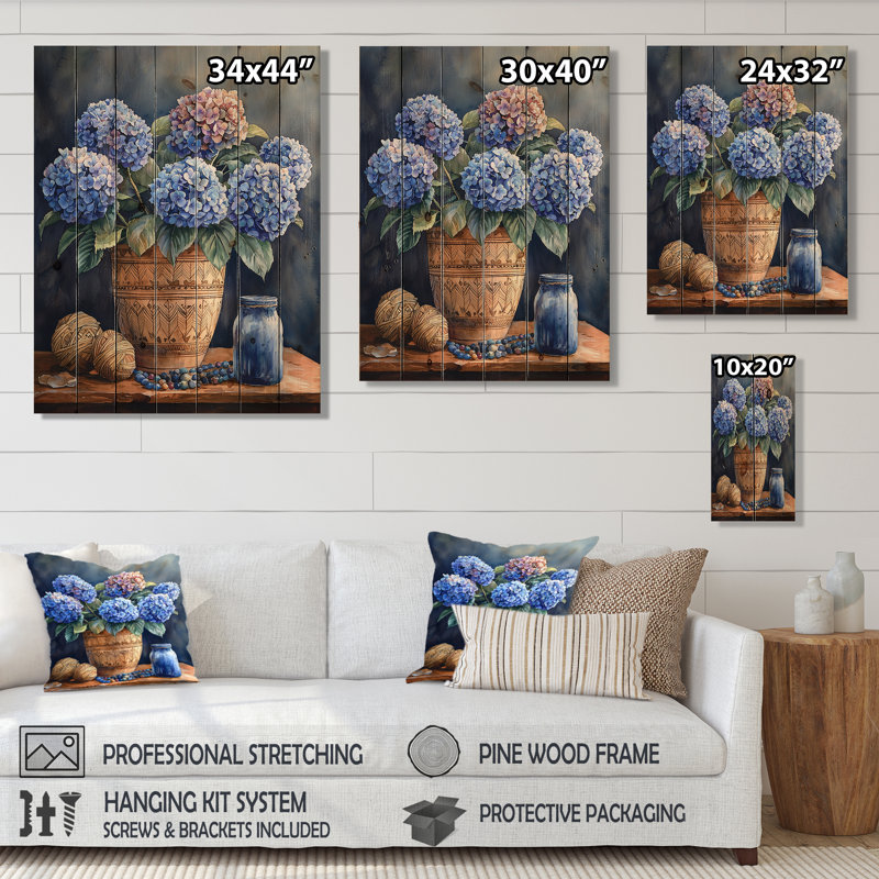 Hortensias dans un vase tribal - impression d'hortensias sur bois de pin naturel, H 44 po x l 34 po x P 0,78 po