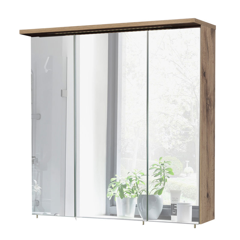 Milan Surface Mirrored Bathroom Cabinets with Mirror and 6 Adjustable Shelves, Natural colour