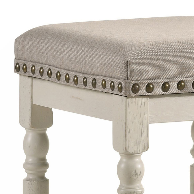 Weathered Oak Backless Counter Height Stool with Beige Upholstered Seat