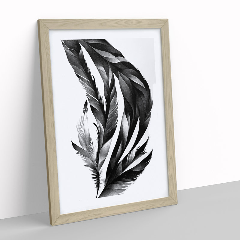 Monochrome Feathers No.2 - Wrapped Canvas Print, 64cm H x 46cm W x 2cm D, Oak Framed