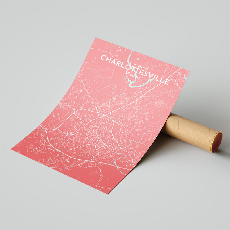 Charlottesville, carte de la ville, impression graphique, H 17 po x l 11 po x P 0,05 po, Rose / bleu bébé