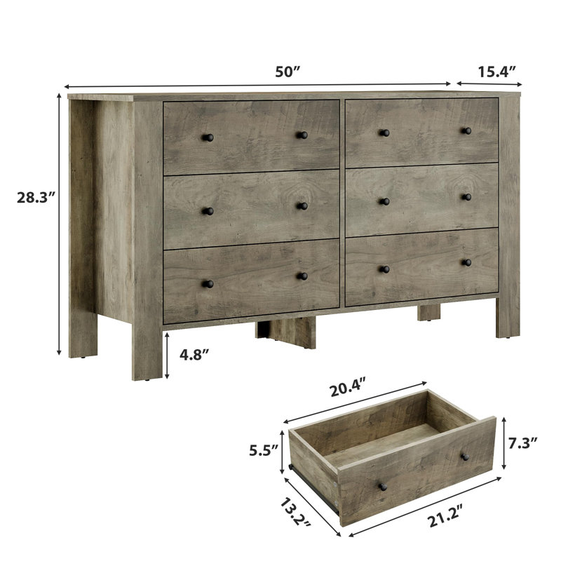  Modern 6 Drawer Dresser, 50" Wide Double Chest with Deep Drawers & Metal Knobs, Wooden Storage Organizer for Kids Bedroom, Entryway, Hallway