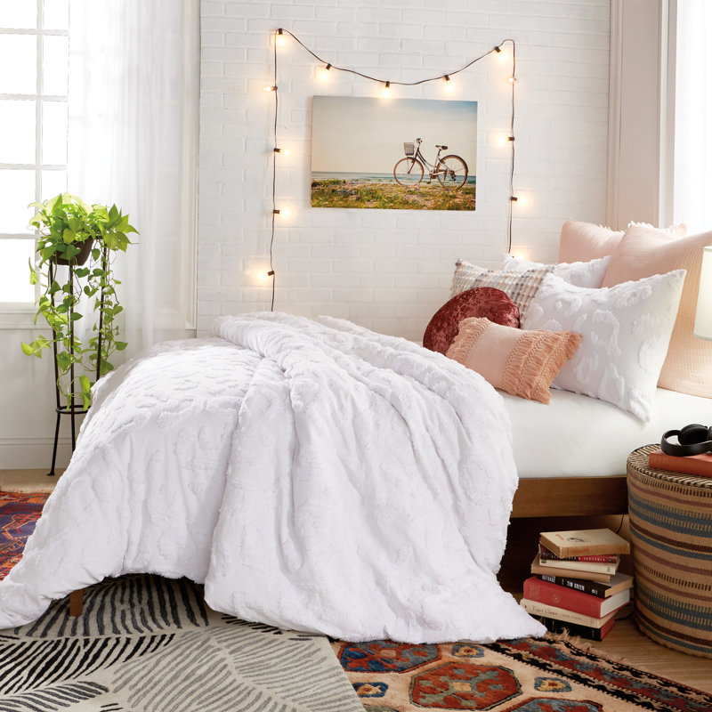  Ensemble d'édredon en chenille Peri Home, Édredon très grand et 2 taies décoratives stand, Blanc