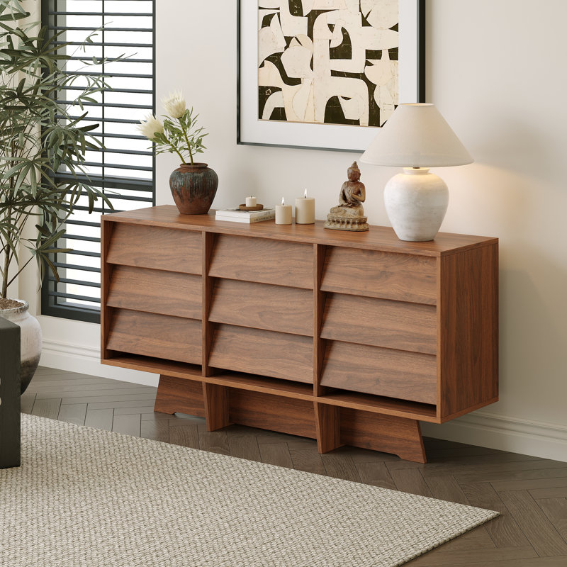 Buffets 59 po Mid-Century, armoires en bois brun avec 9 tiroirs