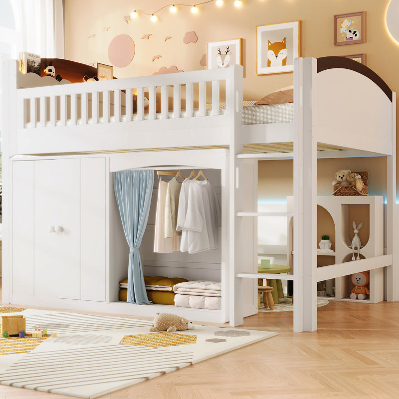 Lit mezzanine avec armoire de rangement, garde-robe et DEL, Blanc, Lit double