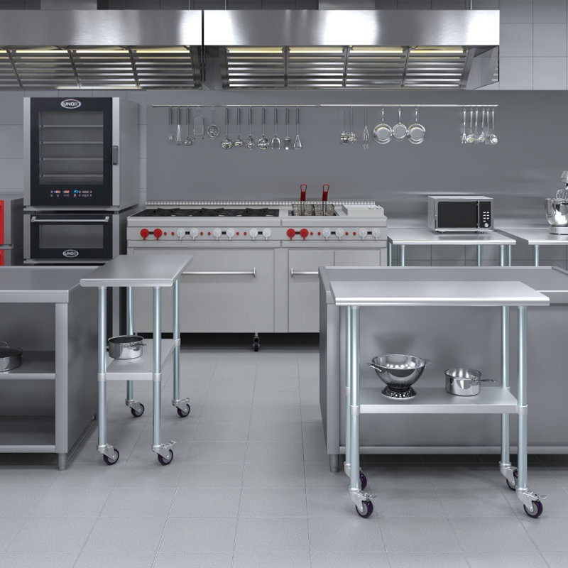 Table de préparation à roulettes express en acier inoxydable H 35 po x L 30 po x P 12 po avec tablette réglable et roulettes verrouillables Express KitchQuip