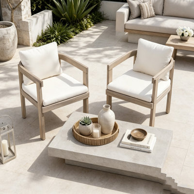 Acacia Wood Dining Chairs Set of 2, Armchairs with Cream Cushions, Barrel Accent Chair, Comfy Seating Kitchen Side Chair Set