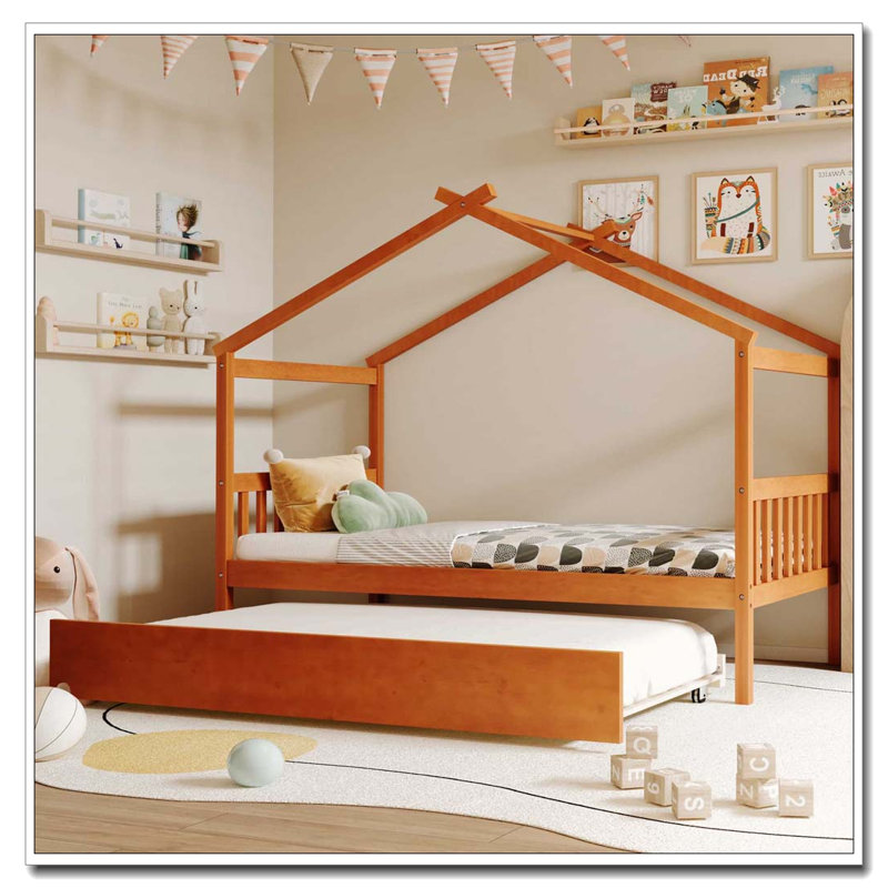 Lit en bois avec lit gigogne simple, Noyer